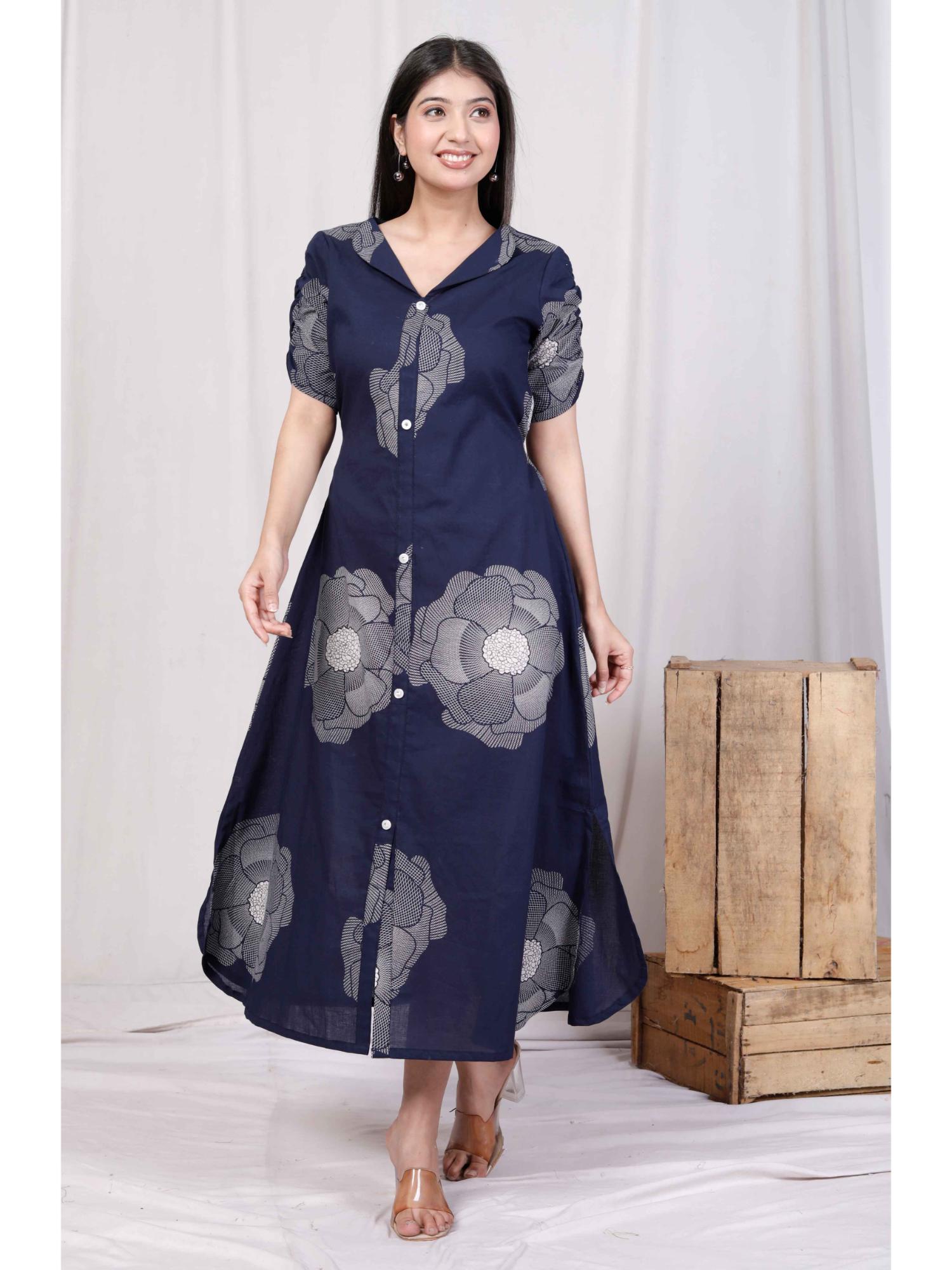 doriyaan Womens Blue Floral Printed Front Buttoned A-Line Midi Dress-picture-18