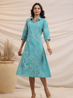 KAFTANIZE - Cotton Cambric Middle Blue Abstract Cord Work Midi Dress