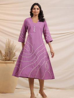 KAFTANIZE - Cotton Cambric Lilac Abstract Cord Work Midi Dress
