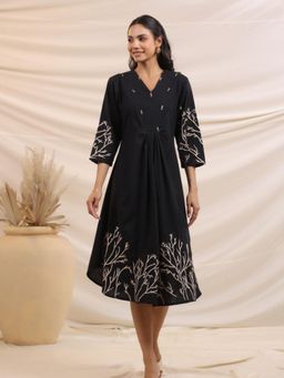 KAFTANIZE - Solid Black Tree Motif Embroidered V Neck Midi Dress