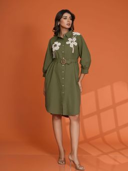 KAFTANIZE - Cotton Cambric Olive Green Crochet Flower Patch Mini Dress (Set of 2)