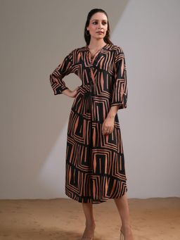 KAFTANIZE - Russian Silk Black & Orange Abstract Stripes Cord Work Maxi Dress