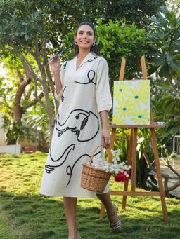 KAFTANIZE - Black Elephant Embroidery Cream Cotton Flex Midi Dress