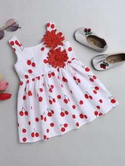 Hopscotch - Girls White and Red Strawberry Print Flower Applique Sleeveless Casual Dress