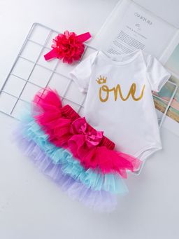 Hopscotch - Girls Fuchsia Text Print Slim Fit Onesie And Skirt Set With Headband