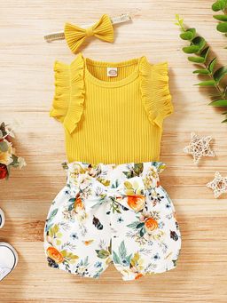 Hopscotch - Girls Mustard Floral Print Onesie And Shorts Set With Headband