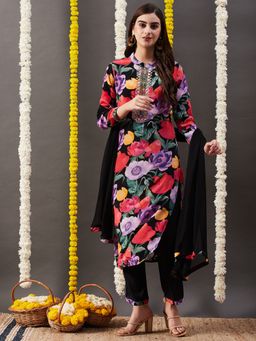 FASHOR - Floral Printed Kurta with Pant & Dupatta - Black (Set of 3)