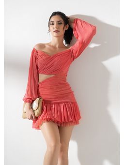 AMRTA- BY GUNEET KONDAL - Daiquiry Coral Off Shoulder Dress