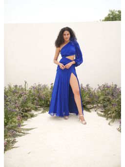 AMRTA- BY GUNEET KONDAL - Beautiful Chaos Solid Asymmetrical Dress In Blue