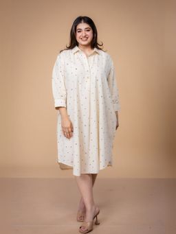 The Indian Ethnic Co. - Ridah Off White Ajrakh Cotton Shirt Dress