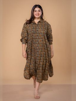 The Indian Ethnic Co. - Samiyah Brown Ajrakh Cotton Shirt Dress