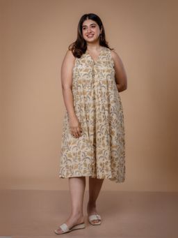 The Indian Ethnic Co. - Eira Beige Ajrakh Cotton A Line Dress