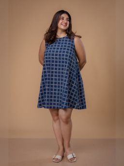 The Indian Ethnic Co. - Inam Blue Ajrakh Cotton A Line Dress