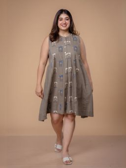 The Indian Ethnic Co. - Fariyah Grey Ajrakh Cotton A Line Dress