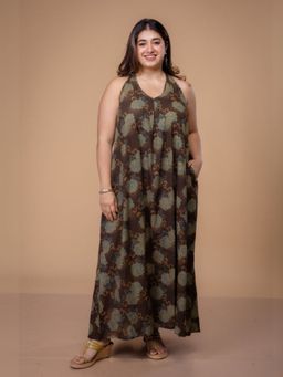 The Indian Ethnic Co. - Naimat Brown Ajrakh Cotton A Line Dress