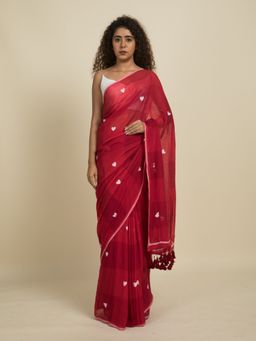 Suta - Red and Maroon Checks Block Printed Mul Cotton Saree