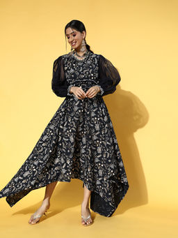 Yufta - Navy Blue & White Cotton Ethnic Motifs Print Maxi Fit Flare Dress
