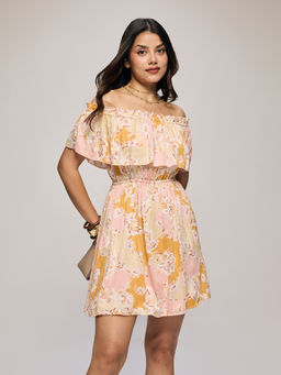 Twenty Dresses by Nykaa Fashion - Multi-Color Floral Off Shoulder Cinched Waist Mini Dress (2XL)