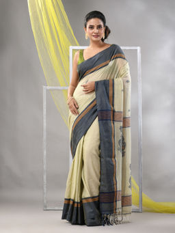 CHARUKRITI - Yellow Cotton Handspun Soft Leaf Motifs Saree with Unstitched Blouse