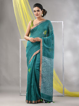 CHARUKRITI - Turquoise Linen Soft Bird Motifs Saree with Unstitched Blouse