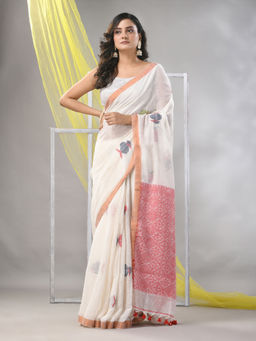 CHARUKRITI - Off White Linen Soft Bird Motifs Saree with Unstitched Blouse