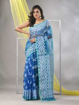 CHARUKRITI - Turquoise Muslin Jamdani Designs Saree with Unstitched Blouse