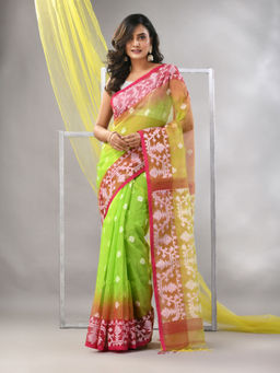 CHARUKRITI - Parrot Green Muslin Jamdani Designs Saree with Unstitched Blouse