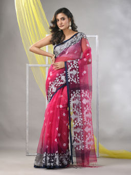 CHARUKRITI - Fuchsia Muslin Jamdani Designs Saree with Unstitched Blouse