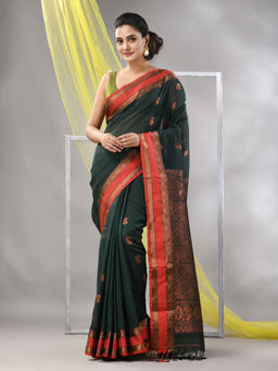 CHARUKRITI - Bottle Green Silk Matka Soft Paisley Motifs Saree with Unstitched Blouse