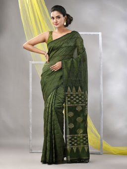 CHARUKRITI - Sap Green Silk Matka Soft Saree with Unstitched Blouse