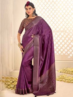 MEENA BAZAAR - Zari Border Art Silk Wine Saree with Unstitched Blouse