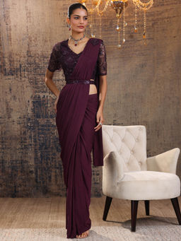 Libas Art - Burgundy Pre Draped Saree with Stitched Blouse & Waist Belt (M)