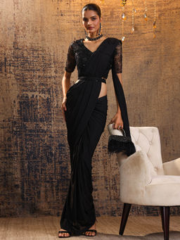Libas Art - Black Pre Draped Saree with Stitched Blouse & Waist Belt (M)