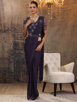 Libas Art - Purple Pre Draped Saree with Stitched Blouse & Waist Belt (M)