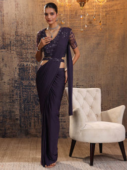 Libas Art - Purple Embellished Pre Draped Saree with Stitched Blouse & Waist Belt (M)