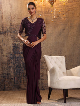 Libas Art - Burgundy Embellished Pre Draped Saree with Stitched Blouse & Waist Belt (M)