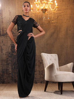 Libas Art - Black Pre Draped Saree with Embellished Stitched Blouse & Waist Belt (M)