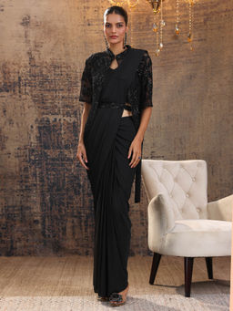 Libas Art - Black Pre Draped Saree with Stitched Blouse Shrug & Waist Belt (M)
