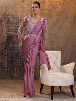 Libas Art - Peach Ruffled Pre Draped Saree with Stitched Blouse & Waist Belt (M)