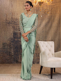 Libas Art - Green Ruffles Pre Draped Saree with Stitched Blouse & Waist Belt (M)