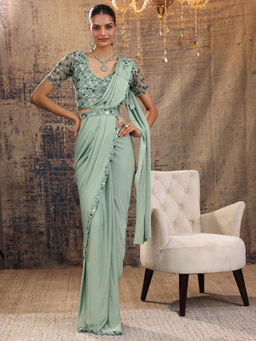 Libas Art - Green Pre Draped Saree with Stitched Blouse & Waist Belt (M)