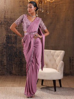 Libas Art - Mauve Pre Draped Saree with Stitched Blouse & Waist Belt (M)