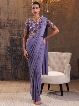 Libas Art - Lavender Pre Draped Saree with Stitched Blouse & Waist Belt (M)