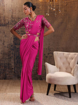 Libas Art - Pink Pre Draped Saree with Stitched Blouse & Waist Belt (M)