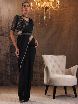Libas Art - Black Pre Draped Saree with Embellished Stitched Blouse & Waist Belt (M)