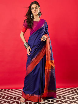 Sareemall - Women Aura Silk Navy Blue Saree with Unstitched Blouse