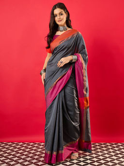 Sareemall - Women Aura Silk Charcoal Grey Saree with Unstitched Blouse
