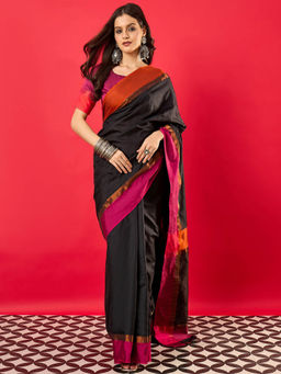 Sareemall - Women Aura Silk Black Woven Design Designer Saree with Unstitched Blouse