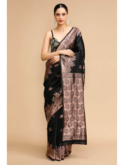 Mysilklove - Ash Black Woven Jacquard Lichi Silk Saree with Unstitched Blouse