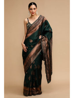 Mysilklove - Bright Green Woven Jacquard Lichi Silk Saree with Unstitched Blouse